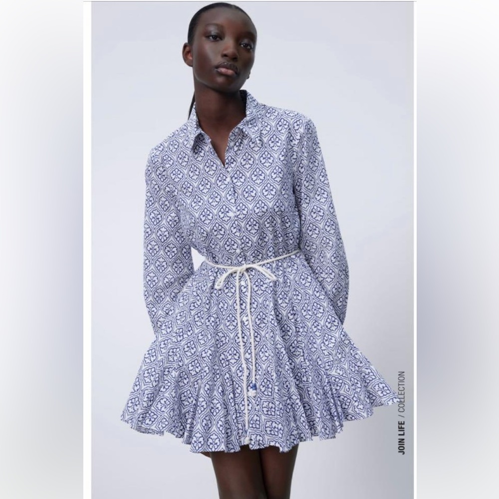Zara printed mini shirt dress blue and white